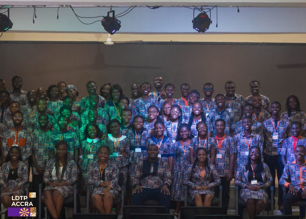 LDTP Accra participants gathered for a group photograph in matching patterned cloth.